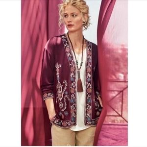 Soft Surroundings Bella Embroidered Open Fleecy Topper Jacket Sz M plum